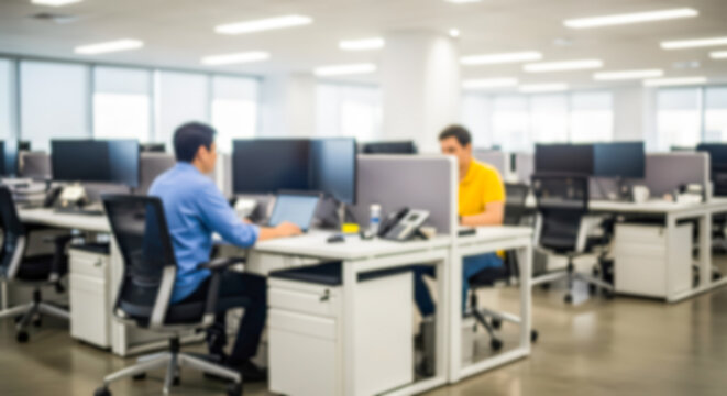 Two male office workers sitting at desks in a modern, openplan office environment, working on computers with blurred background