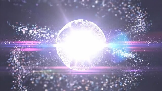 Animated glowing orb with sparkling particles and flares. Magical energy sphere sequence from initial glow to swirling dots to lunar burst. Digital abstract light animation effects