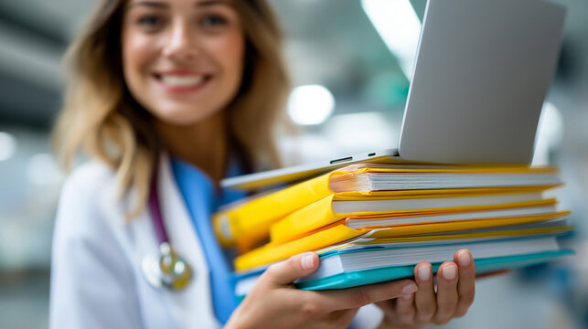 Faceless medical student laptop or nurse portrait with research books, university hospital education, healthcare woman scholarship medicine internship technology smile, defocused b
