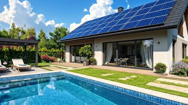 Modern house with solar panels on the roof and swimming pool in the garden.