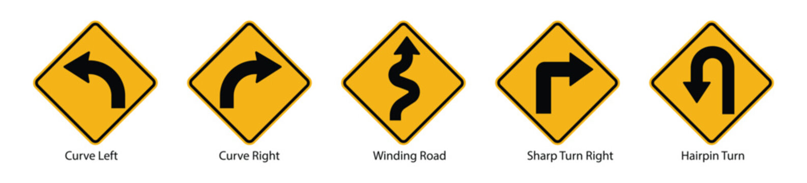 yellow curve and winding road traffic warning sign set sharp turn hairpin symbol