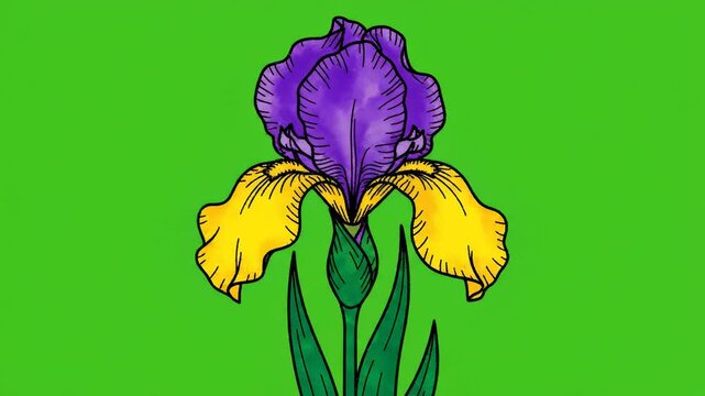 Isolated black line art of a detailed iris flower pattern filling sequentially with three distinct, vibrant colors on a bright green screen background simple fill, utility, high contrast
