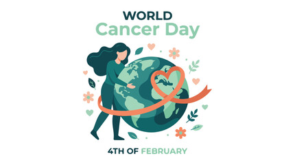 Obraz premium World Cancer Day concept: Woman hugging Earth with awareness ribbon