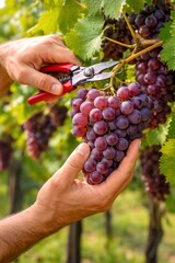 closeup photo of hands picking grapes in a vineyard