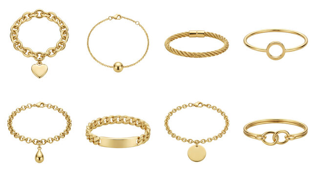Gold bracelet collection including chain, bangle, cable, and charm styles isolated. Luxury jewelry and fashion accessories set.