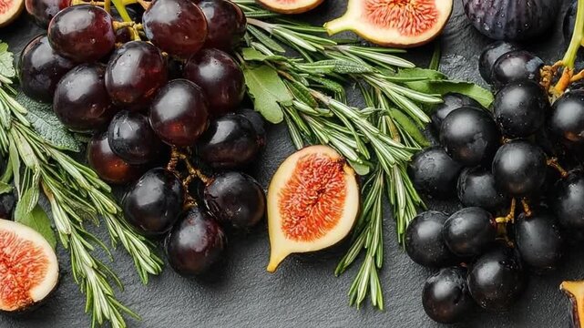 Animated arrangement of fresh grapes figs and rosemary on dark slate surface. Still life composition of fruits and herbs in flat lay style for food presentation