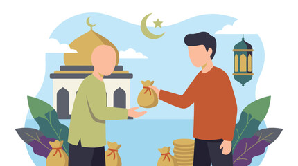 Islamic Charity and Donation Concept with Men Exchanging Money Bags