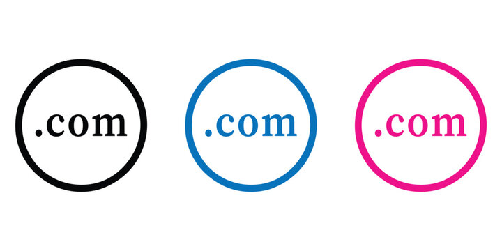 Three colorful .com icons representing website domains and internet