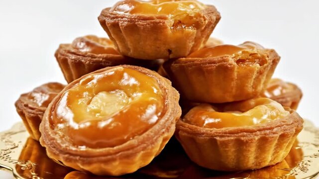 Appetizing 4K Close-up of Golden Sweet Tarts Stacked on a Decorative Plate for Iftar Dinner or Eid al-Fitr Celebration