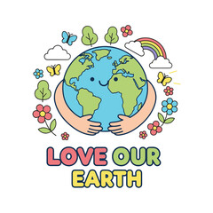 Fototapeta premium Love Our Earth Cute Cartoon Poster with Hugging Globe and Nature Icons
