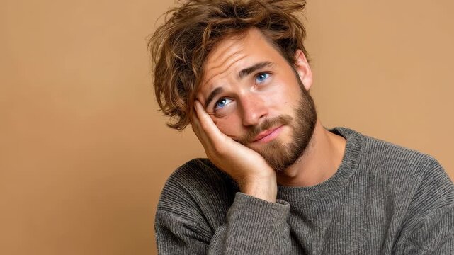 Young man showing fatigue while resting his face on his hand, against a simple beige background, conveying feelings of exhaustion and contemplation in a minimalist setting