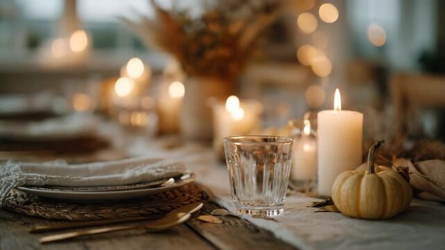 Animated cozy autumn dinner table setup with flickering candles pumpkins and wheat decor. Warm holiday gathering scene for thanksgiving celebration and fall ambiance