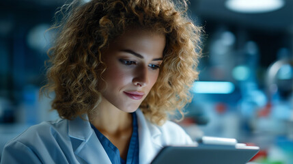 Obraz premium Faceless student or woman on tablet in lab for medical research, discovery or genes info, girl learning, scientist intern reading pharmaceutical report, futuristic genetic developm
