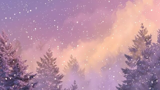 Digital illustration of snow falling gently through a starry night sky with purple and orange hues, featuring a row of pine trees in the foreground against a serene winter landscape.