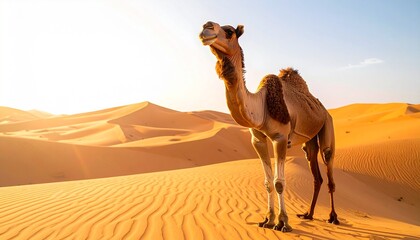 Majestic Dromedary Camel Standing on Golden Sand Dunes Under a Bright Desert Sky at Sunrise