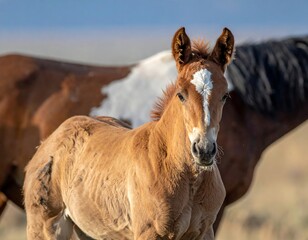 A foal stands in a field with another horse