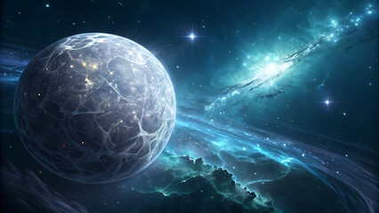 Obraz premium Glowing cosmic moon over futuristic alien landscape with milky way galaxy stars and nebula