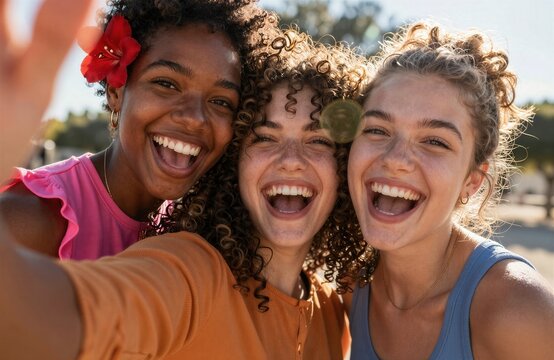Tres j&oacute;venes amigas disfrutando de un momento de alegr&iacute;a al aire libre.