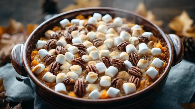 Sweet potato casserole topped with marshmallows and pecans. Autumn fall baked dish preparation sequence. Thanksgiving dessert steaming fresh from oven in holiday setting