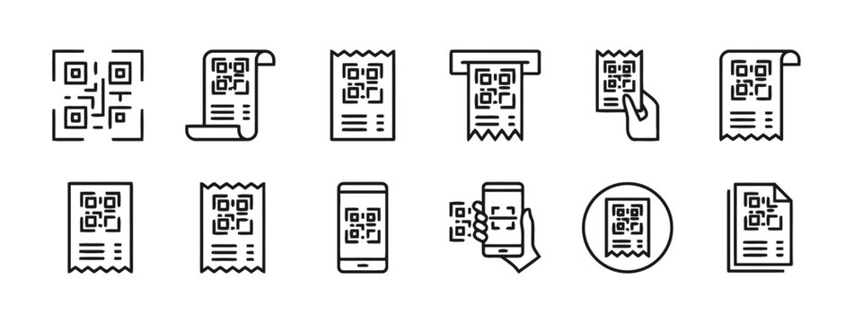 QR code and receipt icons for scanning, payment, and digital transaction processes, including mobile phones, paper documents, and automated systems for modern commerce and information.