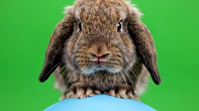 Curious Bunny's Pose: Capturing a close-up portrait of an adorable bunny, its ears droop gently against a vibrant green background, emphasizing its gentle demeanor and charm.