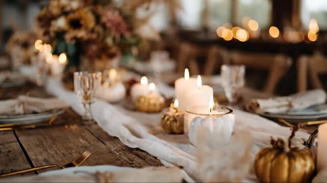 Animated autumn dinner table setup with pumpkins and candles. Rustic wooden surface adorned with white runner floral arrangements and warm lighting for thanksgiving gathering concept