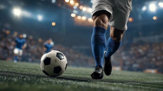 Soccer football player skillfully dribbling and striking the ball during a competitive match at a packed stadium