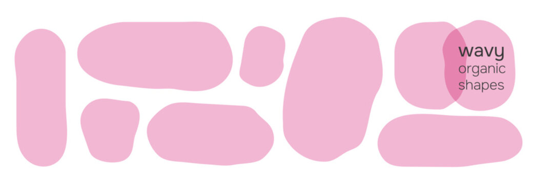 Pink Rectangle bubble shape with fluid form sticker and speech empty frame. Border wavy badge with blank blob textbox and note organic block. Vector