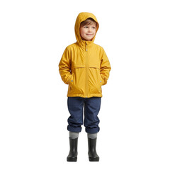 Child wearing yellow raincoat and boots for kids fashion and outdoor activities, isolated on white background