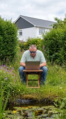 Freelancer working on laptop in garden featuring laptop, working, garden, technology, work, freelancer, relaxing