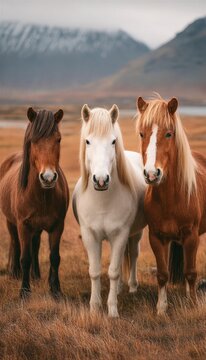Tres caballos islandeses posan en un paisaje oto&ntilde;al con monta&ntilde;as al fondo.