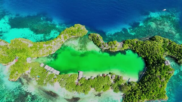 Aerial top view of landscape scene with Raja Ampat Islands, Indonesian archipelago, West Papua, Indonesia	