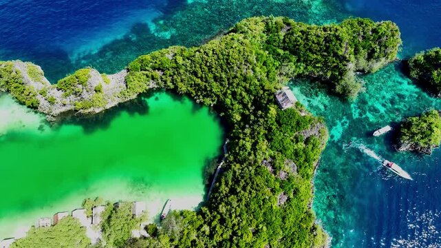Aerial top view of landscape scene with Raja Ampat Islands, Indonesian archipelago, West Papua, Indonesia	