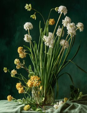 Un ramo de narcisos blancos y amarillos en un jarr&oacute;n de cristal sobre una tela verde.