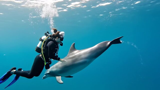 Marine Biologist in Scuba Gear High Fives Wild Dolphin Underwater