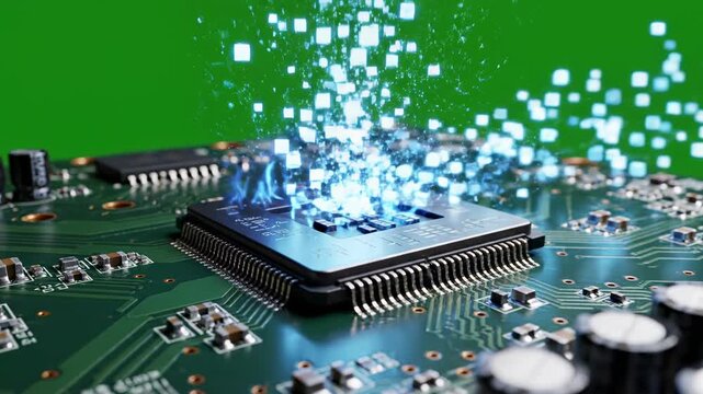Isolated circuit board component with a central pulsating microchip generating data packets ready for chroma key compositing post production, high quality, innovation
