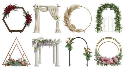 Obraz premium Wedding arch set including wooden hexagon, floral circle, stone pergola, and metal arbor variants isolated. Event decor and ceremony backdrop collection.