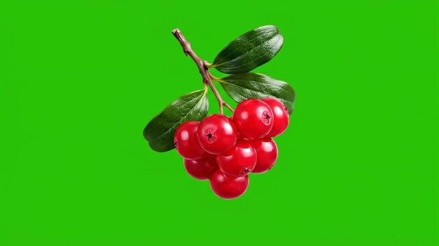 Isolated clean digital drawing of a small lingonberry stem with leaves and ripe red berries slowly rotating on a solid bright green screen background product shot, vector drawing, education