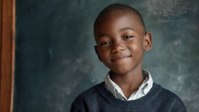 Smiling african school boy shows joy and confidence in a classroom setting with a chalkboard background during the day
