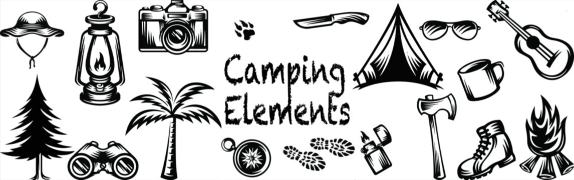 Vintage black and white camping elements set featuring tent, lantern, campfire, and gear. Hand-drawn retro vector illustrations for outdoor adventure, hiking, and travel designs.