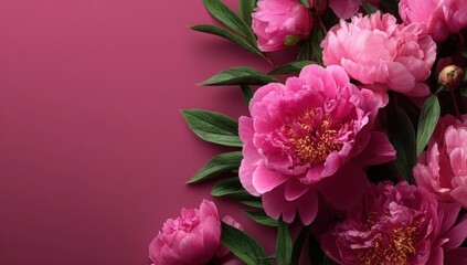 Obraz premium Pink peonies with lush green leaves arranged on a vibrant pink background, showcasing the intricate details of the petals and foliage in a floral composition