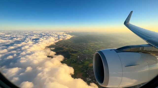 Airplane wing view from sky