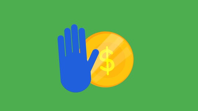 Animated anti corruption icon with stop hand and gold coin symbolizing honesty and justice.
