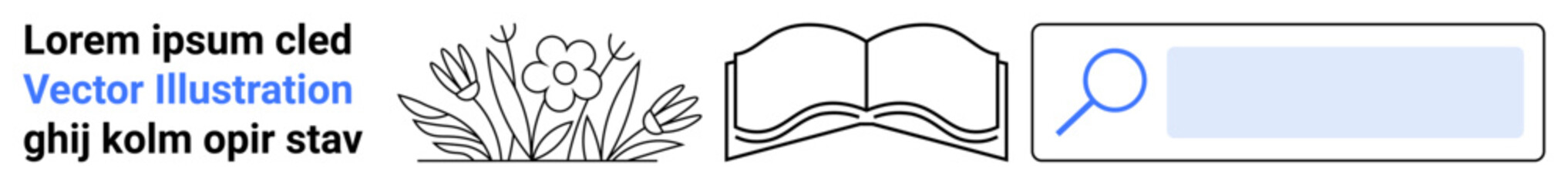 Obraz premium Educational materials, nature , information search, online learning, floral design, digital interfaces. a flower line art, open book and search input field. Educational materials and nature themes