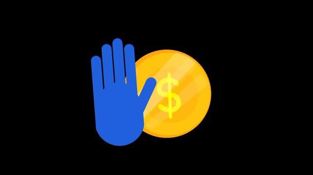 Animated anti corruption icon with stop hand and gold coin symbolizing honesty and justice.