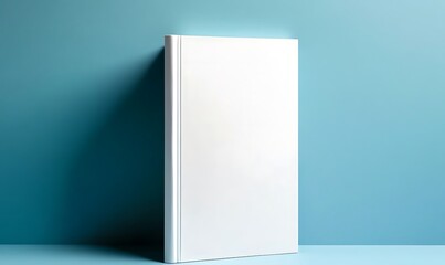 A solitary white book stands vertically against a vibrant smooth light blue background wall