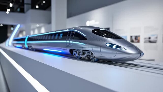 Modern Silver High Speed Train Model on Display Platform Turning