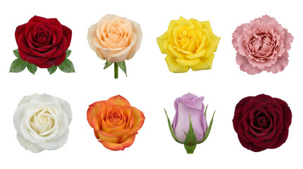 Rose flower head set including red, cream, yellow, pink, white, orange, lavender, and burgundy varieties isolated. Floral collection for wedding decor and botanical design.