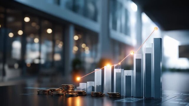 Stock market trading concept showing upward trends with financial growth through bar graphs, coins, and glowing line chart in a modern office environment