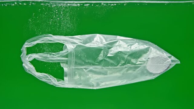 Isolated clear plastic shopping bag floating and rotating slowly in water against a pure chroma key green screen background for easy compositing digital background, shopping bag, floating object